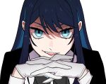  1girl ado_(utaite) black_bow black_bowtie blue_eyes blue_hair bow bowtie chando_(ado) cloud_nine_inc colored_inner_hair commentary_request dark_blue_hair fang gendou_pose gloves hair_between_eyes interlocked_fingers long_hair long_sleeves looking_at_viewer mole mole_under_eye multicolored_hair open_mouth own_hands_clasped own_hands_together riseno shadow shirt simple_background solo teeth two-tone_hair upper_body upper_teeth_only utaite white_background white_gloves white_shirt 