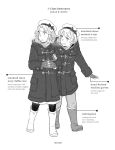  2girls alternate_costume bangs blush boots character_name coat english_text eyebrows_visible_through_hair fingerless_gloves gloves greyscale hat hood hood_down hooded_coat janus_(kantai_collection) jervis_(kantai_collection) kantai_collection long_hair long_sleeves monochrome multiple_girls open_mouth pants rubber_boots sailor_hat short_hair simple_background weidashming 