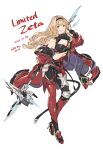  1girl belt black_belt black_hairband blonde_hair blue_eyes breasts cleavage cleavage_cutout clothing_cutout gloves granblue_fantasy hair_intakes hairband high_heels highres holding holding_polearm holding_weapon jacket long_hair polearm red_jacket shimatani_azu spear weapon zeta_(granblue_fantasy) zeta_(grand)_(granblue_fantasy) 