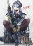  1girl assault_rifle black_pantyhose blue_footwear blue_gloves blue_hair blue_headwear blue_hoodie blue_skirt blush character_name choker clukay_(neural_cloud) collarbone commentary cross_hair_ornament girls&#039;_frontline_neural_cloud gloves green_eyes gun h&amp;k_hk416 hair_ornament highres hk416_(girls&#039;_frontline) holding holding_gun holding_weapon hood hoodie jacket long_hair long_sleeves looking_at_viewer pantyhose parted_lips persocon93 pleated_skirt red_choker rifle sidelocks skirt solo teardrop_facial_mark weapon white_jacket 