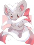  animal_focus artist_name bow cinccino closed_mouth colored_skin commentary_request dot_nose grey_skin highres iwasi_29 no_humans pokemon pokemon_(creature) red_bow red_eyes red_ribbon ribbon smile tail twitter_username white_background white_fur 