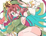  1girl ass blush bow braid breasts china_dress chinese_clothes detached_sleeves dress green_dress green_eyes green_headwear hair_between_eyes hair_bow hat hat_ornament hong_meiling large_breasts long_hair looking_at_viewer massakasama open_mouth red_hair smile solo star_(symbol) star_hat_ornament thighs touhou white_bow white_sleeves 