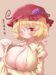  1girl aki_minoriko arinu blonde_hair blush breasts brown_background cleavage closed_mouth collared_shirt fruit_hat_ornament grape_hat_ornament hair_between_eyes hat hat_ornament heart highres large_breasts long_sleeves looking_at_viewer mob_cap nipples one_eye_closed red_eyes red_headwear shirt short_hair simple_background smile solo touhou yellow_shirt 