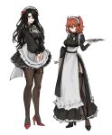  13addendum 2girls ahoge alternate_costume black_hair blue_eyes breasts command_spell enmaided fate/grand_order fate_(series) fujimaru_ritsuka_(female) fujimaru_ritsuka_(male) genderswap genderswap_(mtf) hair_ribbon high_heels highres long_sleeves maid maid_headdress medium_breasts multiple_girls orange_hair pantyhose ribbon saucer side_ponytail twintails yellow_eyes 