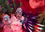  2girls apron bamboo bamboo_forest bat_wings black_footwear blood blue_dress blue_eyes blue_hair bow braid commentary_request dress forest frilled_apron frilled_shirt frilled_shirt_collar frilled_skirt frilled_sleeves frills full_moon hair_bow hat hat_ribbon imperishable_night izayoi_sakuya kaigen_1025 medium_hair mob_cap moon multiple_girls nature pink_headwear pink_shirt pink_skirt puffy_short_sleeves puffy_sleeves red_eyes red_moon red_ribbon remilia_scarlet ribbon running shirt short_sleeves skirt skirt_set sleeve_bow sleeve_ribbon socks touhou waist_apron wavy_hair white_apron white_shirt white_socks wings 