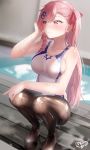  1girl bangs bare_shoulders black_legwear blush bow braid breasts collarbone competition_swimsuit girls_frontline hair_ornament hairclip highres large_breasts long_hair negev_(girls_frontline) one-piece_swimsuit pantyhose pink_hair red_bow red_eyes shirosaba swimsuit 