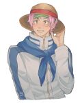  1boy blush borrowed_clothes cosplay english_commentary hand_on_headwear hat headband highres implied_yaoi koby_(one_piece) long_sleeves male_focus marine_uniform_(one_piece) monkey_d._luffy monkey_d._luffy_(cosplay) one_piece pink_hair scarf short_hair shy straw_hat teeth xve009 