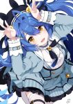  1girl ahoge amamiya_kokoro amamiya_kokoro_(1st_costume) animal_ear_headwear arms_up bell black_headwear blue_dress blue_hair center_frills double-parted_bangs dress fang frills hair_bell hair_between_eyes hair_intakes hair_ornament hashtag_only_commentary highres juliet_sleeves leg_up long_hair long_sleeves looking_at_viewer neck_bell nejime nijisanji open_mouth puffy_sleeves rabbit_pose shirt signature simple_background skin_fang smile solo thighhighs two_side_up virtual_youtuber white_background white_shirt white_thighhighs x_hair_ornament yellow_eyes 