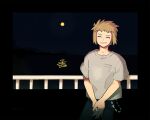  1boy blonde_hair commentary_request cowboy_shot grey_shirt hmtmgl male_focus moon night night_sky ocean pokemon pokemon_dppt reflection reflective_water shirt sky smile solo sparkle volkner_(pokemon) 