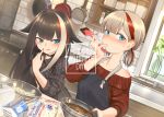 2girls admiral_graf_spee_(azur_lane) alternate_costume alternate_hairstyle apron azur_lane bangs bare_shoulders black_choker black_hair blue_eyes blush chocolate chocolate_making choker collared_shirt commentary_request deutschland_(azur_lane) eyebrows_visible_through_hair food high-waist_skirt highres indoors kitchen leaning_forward licking_lips long_hair looking_at_another looking_at_viewer marshmallow milk multicolored_hair multiple_girls nail_polish plant pot potted_plant red_nails red_sweater seigetsu_kotaku shirt short_hair sidelocks skirt spatula stove streaked_hair striped striped_shirt sweatdrop sweater tongue tongue_out valentine very_long_hair white_hair 