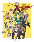  6+girls african_wild_dog african_wild_dog_(kemono_friends) african_wild_dog_print animal animal_ears animal_on_shoulder animal_print arm_up arms_at_sides aye-aye aye-aye_(kemono_friends) bare_shoulders bear bear_ears bear_paw_hammer bike_shorts bike_shorts_under_skirt black_hair blonde_hair bodystocking boots border bow bowtie brown_bear brown_bear_(kemono_friends) brown_eyes brown_hair cape chain chameleon chameleon_tail character_name china_dress chinese_clothes circlet closed_mouth collared_shirt creature_and_personification denim denim_shorts detached_hood dog_ears dog_girl dog_tail dress elbow_gloves extra_ears fingerless_gloves forehead_protector frills full_body fur-trimmed_footwear fur_trim gloves golden_snub-nosed_monkey golden_snub-nosed_monkey_(kemono_friends) green_hair grey_hair grin hair_between_eyes hand_up high_ponytail highres holding holding_weapon hood hood_up jacket jewelry journey_to_the_west jumping kemono_friends kemono_friends_3 layered_sleeves lemur_ears lemur_girl lemur_tail leotard long_hair long_sleeves looking_at_viewer medium_hair microskirt monkey monkey_ears monkey_girl monkey_tail multicolored_hair multiple_girls necktie open_mouth orange_eyes orange_hair outside_border panther_chameleon_(kemono_friends) pantyhose pink_eyes pink_hair print_sleeves shirt shoes short_hair short_over_long_sleeves short_shorts short_sleeves shorts skirt sleeveless sleeveless_dress sleeveless_shirt smile son_goku_(kemono_friends) spread_legs sun_wukong tail thighhighs two-tone_hair v-shaped_eyebrows walking weapon white_border white_hair white_shirt wing_collar yamaguchi_yoshimi yellow_leotard 