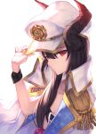 1girl absurdres arm_up bangs belt beltbra black_belt black_hair closed_mouth commentary_request curled_horns epaulettes eyebrows_visible_through_hair hair_between_eyes hair_ornament hand_on_headwear hat highres horns jacket jacket_on_shoulders looking_at_viewer masaki_(msk064) military_hat military_jacket peaked_cap red_eyes simple_background solo upper_body vgaming virtual_youtuber white_background white_headwear white_jacket yoruno_yui 