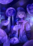  1girl 2others aquarium backpack bag baseball_cap black_shirt blue_eyes child commentary grey_hair hand_in_pocket hat highres hood hoodie idolmaster idolmaster_shiny_colors indoors jellyfish jewelry looking_back looking_up multiple_others necklace purple_theme serizawa_asahi shirt short_hair upper_body window zhili_xingzou 