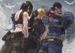  1girl 2boys absurdres adelheid_bernstein blonde_hair brown_hair city dated eyepatch fingerless_gloves from_behind gloves heidern highres military_uniform multiple_boys muscular muscular_female muscular_male red_eyes shirt syachiiro t-shirt the_king_of_fighters uniform whip whip_(kof) 