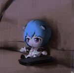  1girl absurdres ayanami_rei blue_hair character_doll couch expressionless highres meme neon_genesis_evangelion red_eyes rei_chikita shiga_96 sitting solo stuffed_toy watching_television 