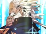  1boy beard blue_cloak cloak commentary_request facial_hair fate/grand_order fate_(series) from_side hand_on_own_chin looking_at_viewer male_focus mustache no_eyebrows old old_man profile ptolemy_(fate) ryuuki_garyuu sparkle star_(symbol) upper_body white_hair wrinkled_skin yellow_eyes 
