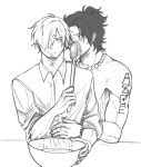  2boys arm_tattoo blush closed_mouth commentary cooking couple curly_eyebrows english_commentary facial_hair freckles hair_over_one_eye hair_tie highres holding holding_ladle hug hug_from_behind jewelry ladle looking_at_another male_focus monochrome multiple_boys necklace one_piece portgas_d._ace sanji_(one_piece) shirt short_hair short_ponytail sketch sleeves_rolled_up standing tattoo toned toned_male topless_male xve009 yaoi 