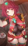  1girl armor bangs blush breasts chair covered_navel cup eyebrows_visible_through_hair fingerless_gloves gem gloves glowing hair_ornament headpiece homura_(xenoblade_2) indoors jewelry large_breasts noeomi pose red_eyes red_hair red_shorts short_shorts shorts shoulder_armor skindentation smile solo spoon swept_bangs table tea thighhighs tiara xenoblade_(series) xenoblade_2 