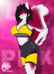 2023 abs anthro athletic athletic_anthro athletic_female big_breasts black_hair black_nose bottomwear bra breasts canid canine canis cleavage clothed clothing domestic_dog female fur ghostwolf hair husky mammal multicolored_body multicolored_fur natalya_ruskiri navel nipple_outline nordic_sled_dog pink_body pink_fur shorts signature smile solo spitz sports_bra sportswear two_tone_body two_tone_fur underwear white_body white_fur
