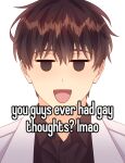  1boy black_shirt brown_hair collared_shirt commentary english_text highres kim_dokja looking_at_viewer male_focus meme omniscient_reader&#039;s_viewpoint open_mouth shirt short_hair simple_background smile solo symbol-only_commentary taozi_tea white_background 