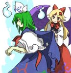  1girl black_eyes black_vest blonde_hair blue_cape blue_skirt bow bowtie cape commentary_request elis_(touhou) facial_mark flower green_hair hair_bow hair_flower hair_ornament hat hitodama kaigen_1025 long_hair long_sleeves medium_hair mima_(touhou) neckerchief open_mouth pointy_ears red_bow red_bowtie red_eyes red_neckerchief red_skirt shirt short_sleeves skirt star_(symbol) star_facial_mark touhou touhou_(pc-98) vest white_headwear white_shirt 