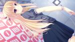  1girl ad black_skirt blonde_hair blush closed_mouth double_bun frilled_sleeves frills game_cg hair_bun kanome_reina long_hair looking_at_viewer making_lover non-web_source official_art pleated_skirt red_eyes short_sleeves skirt smile solo taniyama-san wrist_cuffs 