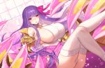  1girl artist_name bangs bare_shoulders blunt_bangs blush breasts claws collar commentary eyebrows_visible_through_hair fate/extra fate/extra_ccc fate/grand_order fate_(series) hair_ribbon huge_breasts long_hair o-ring o-ring_top parted_lips passion_lip pink_ribbon purple_eyes purple_hair ribbon sideboob solo terupancake thighhighs twitter_username very_long_hair white_legwear 