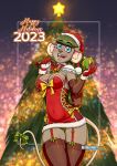 2023 accessory anthro blue_eyes bow_ribbon breasts buckteeth christmas christmas_clothing christmas_headwear christmas_tree cleavage clothed clothing female furgonomics gift hat headgear headwear hi_res holding_gift holding_object holding_sack holidays katie_tinson keiron_white looking_at_viewer mammal mouse murid murine open_mouth plant ribbons rodent sack santa_hat signature smile smiling_at_viewer solo tail tail_accessory tail_bow tail_ribbon teeth text tree wide_eyed
