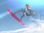  1girl ahoge arashi_(kantai_collection) bangs black_legwear black_skirt black_vest blouse day from_side kantai_collection open_mouth outdoors red_hair red_neckwear rigging shirt short_hair short_sleeves skirt sky snow snowboard snowboarding solo thighhighs vest white_shirt yamaioni_(sasakama) 