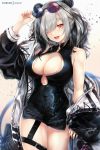  1girl :d animal_ears arknights arm_up bare_shoulders black_dress black_jacket breasts china_dress chinese_clothes cleavage cleavage_cutout cowboy_shot dress fang feater_(arknights) gold_trim grey_hair hair_over_one_eye hand_on_eyewear jacket large_breasts long_hair long_sleeves looking_at_viewer multicolored_hair nail_polish off_shoulder open_clothes open_jacket open_mouth panda_ears red_eyes rei_kun round_eyewear short_dress signature sleeveless sleeveless_dress smile solo strap sunglasses thighs two-tone_hair 