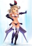  1girl ahoge bikini blonde_hair blue_eyes bow bravely_default:_flying_fairy bravely_default_(series) breasts closed_mouth edea_lee elbow_gloves gloves hair_bow highres long_hair looking_at_viewer simple_background smile solo swimsuit tamaishi thighhighs 