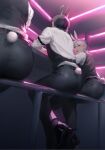  3boys animal_ears arm_belt ass ass_focus bar_(place) black_hair black_vest buck_teeth commentary english_commentary from_below full_body highres ishida_(segu_ishida) male_focus multiple_boys neon_lights on_railing original out_of_frame rabbit_boy rabbit_ears rabbit_tail railing shirt short_hair sitting tail teeth vest white_hair white_shirt 