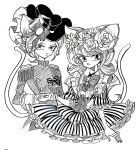  2girls animal_ears bow cat_ears cat_girl cat_nose cat_tail closed_mouth commentary_request cropped_legs dress epaulettes flower flower_wreath frilled_dress frills furry furry_female greyscale hat head_wreath holding_hands jacket korean_commentary long_hair long_sleeves looking_at_viewer meremero monochrome multiple_girls original puffy_short_sleeves puffy_sleeves rose short_sleeves simple_background smile standing striped striped_dress tail vertical-striped_dress vertical_stripes white_background 