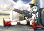  1girl absurdres assault_rifle blush_stickers brown_eyes city commentary_request dated full_body g11_(girls&#039;_frontline) girls&#039;_frontline green_headwear green_jacket grey_hair gun h&amp;k_g11 hair_between_eyes hat highres holding holding_gun holding_weapon jacket knee_pads long_hair miyopiwi parted_lips red_footwear rifle scarf_on_head shirt sitting solo twitter_username weapon white_shirt 