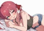 :d absurdres bare_arms bare_shoulders bed_sheet blue_shorts blush breasts closed_mouth collarbone crop_top hair_ribbon heterochromia highres hiroikara_(smhong04) hololive houshou_marine large_breasts long_hair looking_at_viewer lying nail_polish navel on_bed on_side open_clothes open_fly open_mouth open_shorts red_eyes red_hair red_nails red_ribbon ribbon short_shorts shorts simple_background smile twintails virtual_youtuber white_background yellow_eyes 