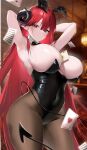  1girl absurdres animal_ears armpits arms_behind_head arms_up azur_lane bare_shoulders between_breasts black_leotard blurry blush bow bowtie breasts card cleavage covered_navel demon_girl demon_horns demon_tail detached_collar fake_animal_ears highleg highleg_leotard highres hindenburg_(azur_lane) holding horns huge_breasts indoors large_breasts leotard long_hair looking_at_viewer mole oxygen_mask_(oxygenmask233) pantyhose parted_lips playboy_bunny poker_chip rabbit_ears red_eyes red_hair smile solo strapless strapless_leotard sweat tail thighs very_long_hair wrist_cuffs 