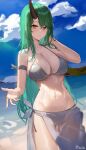  1girl absurdres arknights bare_arms bare_shoulders bikini blue_sky breasts cloud commentary_request cowboy_shot day green_hair grey_bikini hand_in_own_hair hand_up highres horns hoshiguma_(arknights) long_hair looking_at_viewer maanu navel ocean parted_lips sarong single_horn sky solo standing stomach swimsuit thighs very_long_hair water yellow_eyes 
