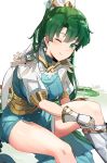  1girl absurdres adjusting_footwear bangs blush boots breasts closed_mouth commentary_request dress earrings eyebrows_visible_through_hair feather_trim fingernails fire_emblem fire_emblem:_the_blazing_blade fire_emblem_heroes gloves green_eyes green_hair hair_ornament highres jewelry knee_boots lips long_hair lyn_(fire_emblem) medium_breasts one_eye_closed ormille ponytail puffy_short_sleeves puffy_sleeves shiny shiny_hair shiny_skin short_sleeves simple_background smile solo striped tied_hair vertical_stripes white_background 