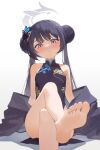  1girl barefoot black_dress black_hair blue_archive butterfly_hair_ornament china_dress chinese_clothes closed_mouth coat commentary daika!! double_bun dragon_print dress feet foot_out_of_frame grey_coat grey_eyes grey_halo hair_bun hair_ornament halo highres kisaki_(blue_archive) legs long_hair looking_at_viewer simple_background sleeveless sleeveless_dress soles solo striped striped_coat toes twintails vertical-striped_coat vertical_stripes white_background 