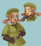  1girl belt brown_gloves brown_hair closed_eyes fingerless_gloves gloves green_headwear hand_on_own_hip hand_up highres karane looking_at_viewer medium_hair multiple_views neve_(neve_ko) short_twintails simple_background sketch the_legend_of_zelda the_legend_of_zelda:_skyward_sword thick_eyebrows twintails 