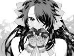  1boy bare_shoulders black_hair blush crossdressing daikotaiko fate/grand_order fate_(series) fujimaru_ritsuka_(male) gloves greyscale hair_ribbon heart heart_hands highres lace lace_gloves looking_at_viewer monochrome ribbon shin_(amefrogs) twintails 