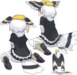  1girl bad_id bad_twitter_id bird black_shirt blue_eyes from_behind great_hornbill_(kemono_friends) hat head_wings kemono_friends looking_at_viewer looking_back multiple_views personification shirt short_sleeves simple_background sitting tail toxicnyannyan wariza white_background white_hair wings yellow_headwear 