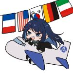  1girl ado_(utaite) ahoge aircraft airplane american_flag arm_support black_bow black_bowtie black_coat black_pants blue_eyes blue_flower blue_hair bow bowtie chando_(ado) chibi cloud_nine_inc coat colored_inner_hair commentary_request flags_of_all_nations flower flower_brooch french_flag german_flag highres holding holding_microphone italian_flag long_hair long_sleeves microphone mole mole_under_eye multicolored_hair open_mouth pants riseno sidelocks simple_background solo south_korean_flag string_of_flags teeth two-tone_hair upper_teeth_only utaite white_background 