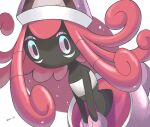  animal_focus artist_name black_skin blue_eyes colored_skin commentary_request highres iwasi_29 no_humans pink_eyes pokemon pokemon_(creature) red_hair simple_background tapu_lele twitter_username two-tone_eyes white_background 