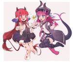  2girls ? arknights belt blue_eyes blush boots demon_horns demon_tail dragon_horns dragon_tail dress elizabeth_bathory_(fate) elizabeth_bathory_(fate)_(all) fate/grand_order fate_(series) hat highres horns jacket long_hair multiple_girls necktie nemo_(leafnight) open_mouth pink_hair red_hair sweatdrop tail tied_hair vigna_(arknights) 
