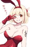  1girl animal_ears arm_tattoo bare_shoulders blonde_hair blush breasts bright_pupils cleavage commentary_request fake_animal_ears gloves grin hair_between_eyes hair_ornament hand_up highres hyoe_(hachiechi) large_breasts leotard looking_at_viewer lycoris_recoil musical_note nishikigi_chisato one_eye_closed one_side_up playboy_bunny rabbit_ears rabbit_hair_ornament red_eyes red_gloves red_leotard short_hair smile solo strapless strapless_leotard tattoo translation_request upper_body v v_over_eye white_pupils 