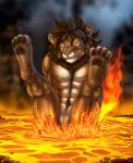 anthro burning butt_on_fire cream.pup detailed_background feet felid fire hand_on_butt hi_res lava lion male mammal mane pain pantherine solo