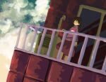  1girl balcony braid brown_hair closed_eyes closed_mouth commentary_request day dutch_angle flat_chest kaigen_1025 long_hair long_sleeves madotsuki pink_sweater red_skirt skirt sky solo sweater turtleneck turtleneck_sweater twin_braids yume_nikki 