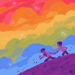  2boys caldatelier couple flag_background from_below grass happy highres holding_hands lgbt_pride long_sideburns male_focus multicolored_clouds multiple_boys original pulling rainbow_flag rainbow_gradient sailor_collar short_hair sideburns sky sky_focus solid_oval_eyes star_(sky) starry_sky thick_eyebrows yaoi 