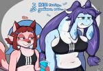 2023 accessory after_exercise annoyed anthro athletic big_breasts blue_body blush bodily_fluids bottle bottomwear bra breast_size_difference breasts chubby_female cleavage clothed clothing container countershading dialogue digital_media_(artwork) dragon duo exercise exhausted fangs female female/female fur grey_eyes hair hair_accessory hairband hairclip hi_res hime_cut horn looking_at_breasts mammal markings midriff minerva_(sspore) nepheria_(sspore) pigtails pink_body procyonid purple_hair raccoon red_hair scalie shorts simple_background slightly_chubby smile sports_bra sports_bra_difference_meme sspore striped_markings striped_tail stripes sweat sweaty_clothing tail tail_markings teal_eyes teeth text topwear underwear water_bottle wingless_dragon workout